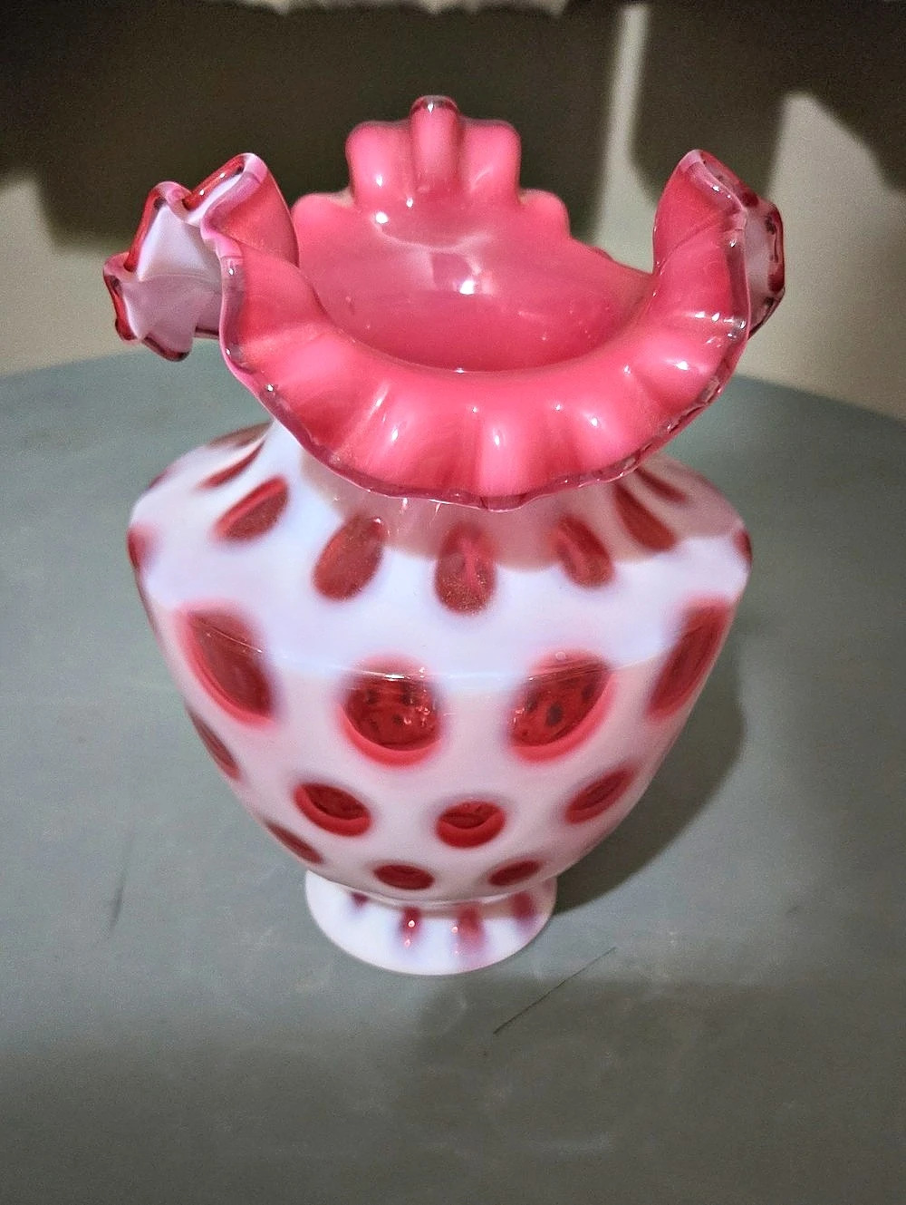 Fenton Cranberry Opalescent Coin Dot Ruffled Vase
